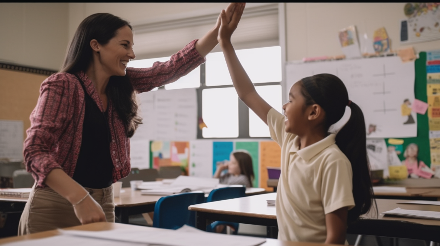A teacher high-fives a student in a classroom.