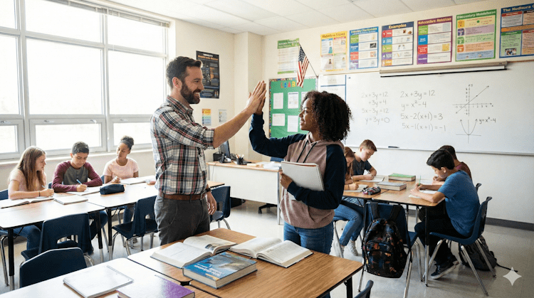 A teacher and two students give a thumbs-up in a classroom.