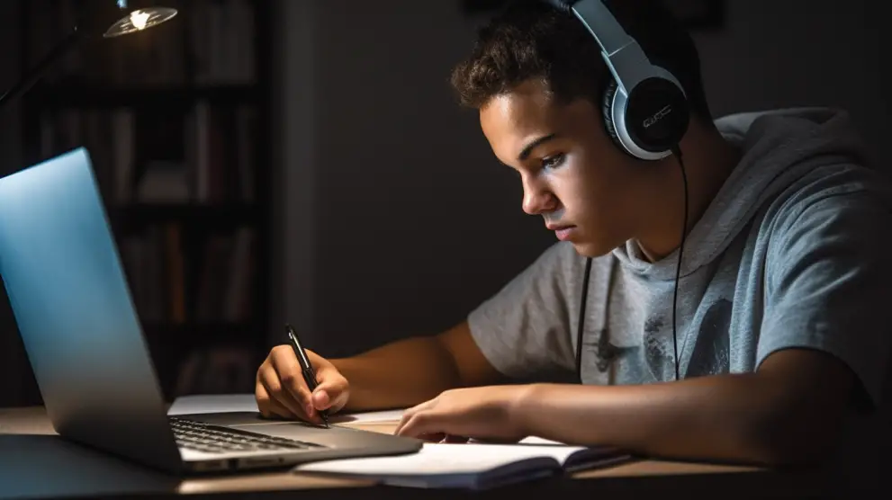 A high school boy doing homework on a laptop
